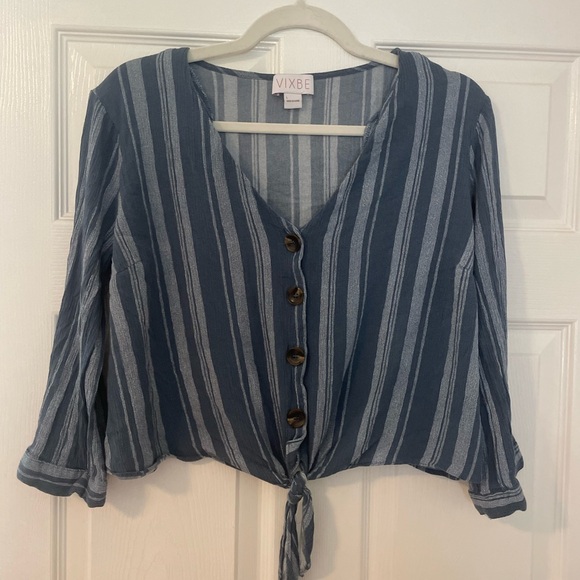 Blue Cropped Tie-Front Blouse with Three-Quarter Sleeves - Picture 1 of 4